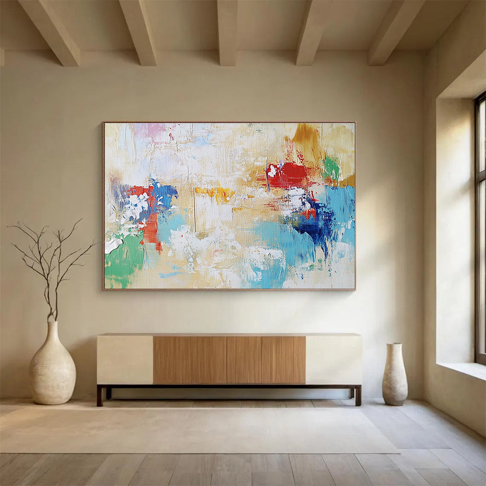 Large abstract painting in light colors depicting freedom with brushstrokes suggesting forms, evoking hope, joy, and endless possibilities.SC217