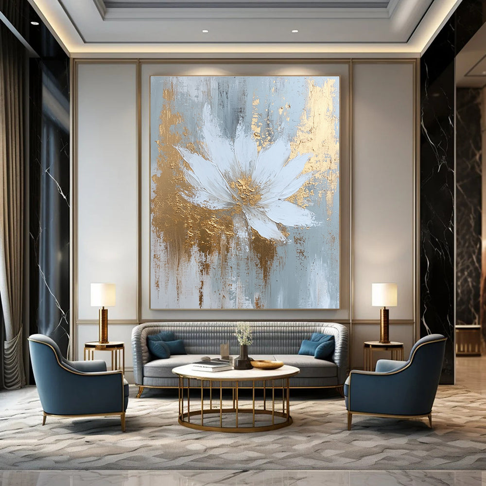 Large abstract painting featuring white and gold hues with textured brush strokes and atmospheric effects in a dreamy misty style.STSC381