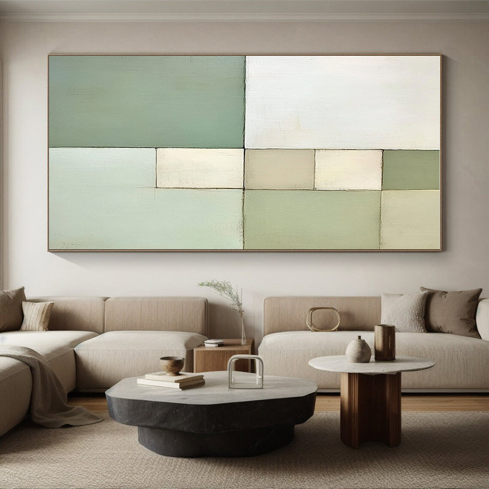 Green and White Abstract Painting with Geometric Harmony GER172