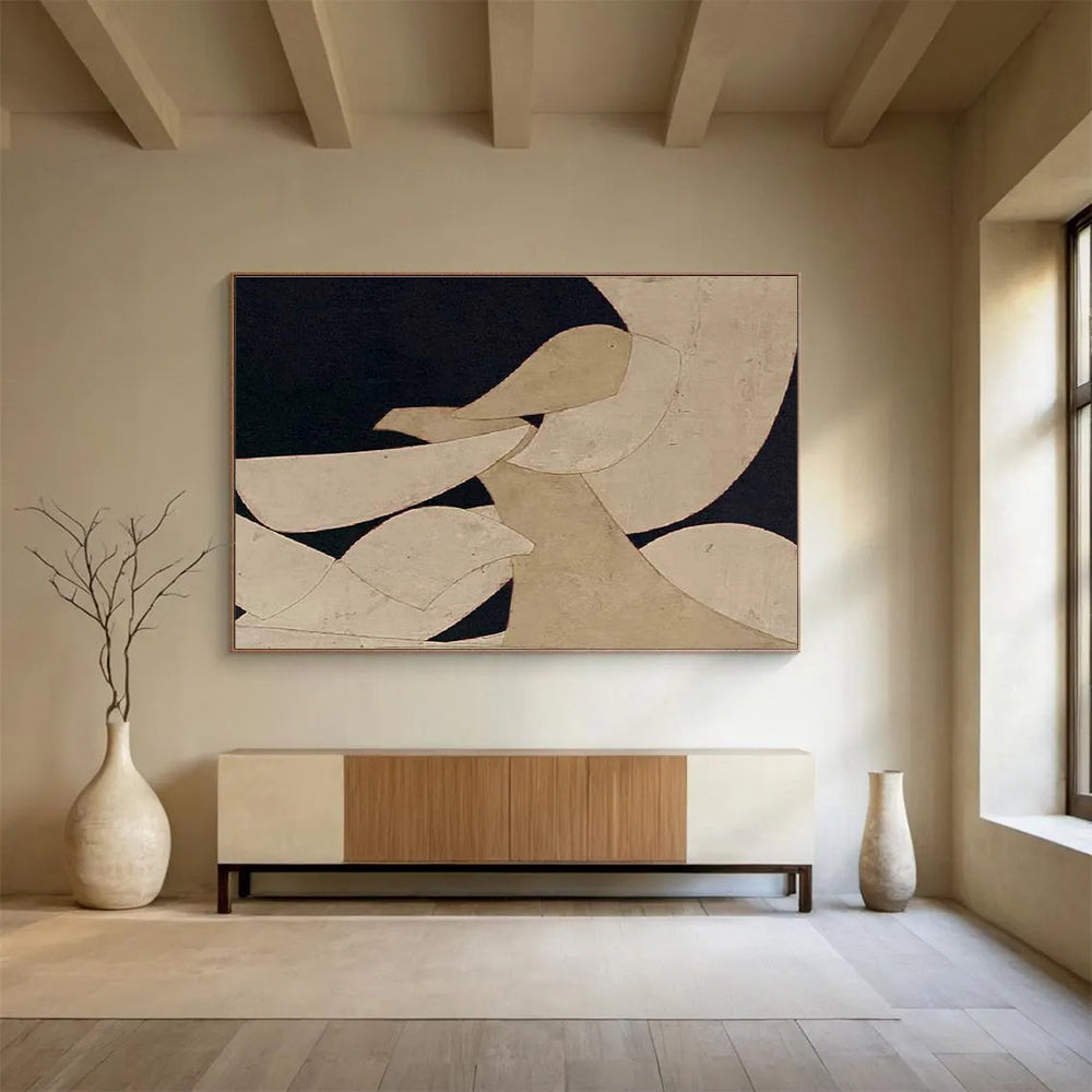 Minimalist Geometric Abstract Painting with Neutral Shapes and Dark Background THY249