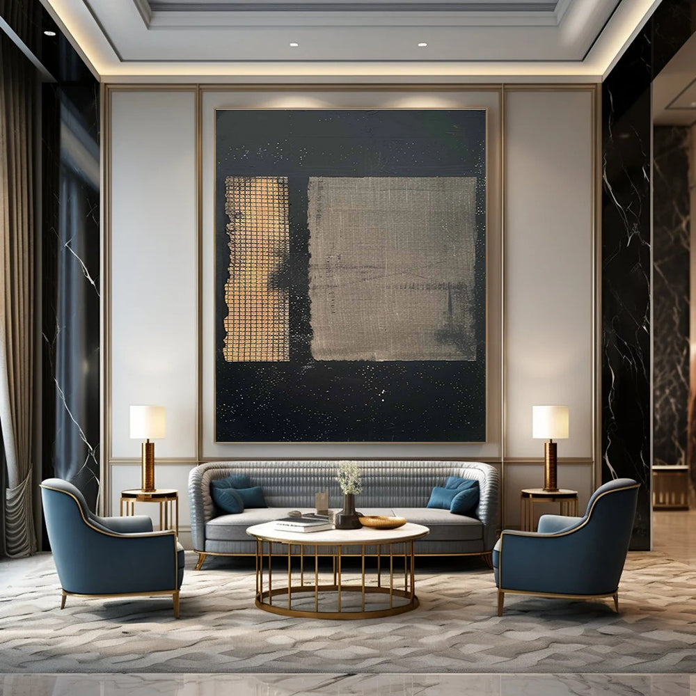 Black Abstract Painting with Dual Grid Patterns ADGE307