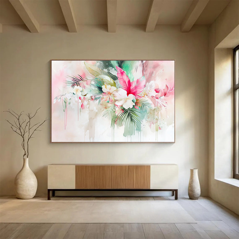 Abstract watercolor painting featuring tropical flowers and leaves with a pink sage green and white background showcasing soft edges and intricate details.SC290