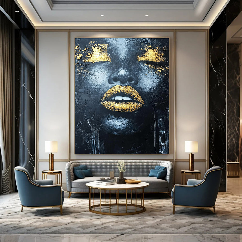 Large abstract acrylic painting of an African woman's lips with gold leaf highlights and textured black background.STSC1276