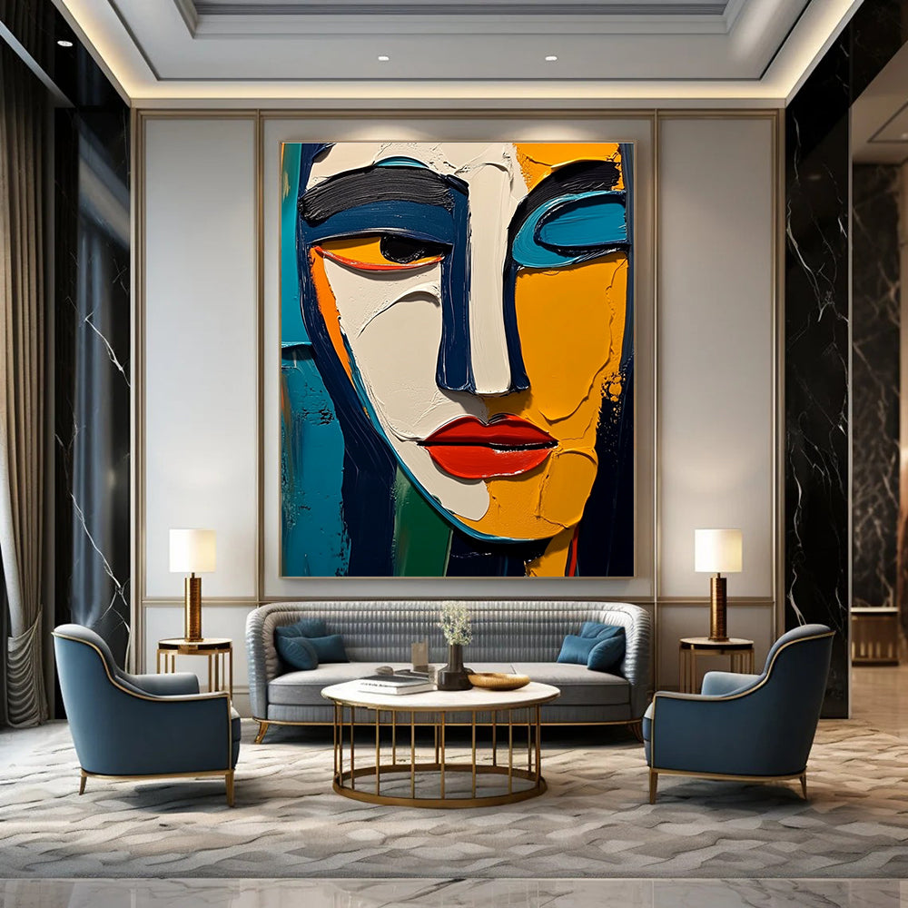 Large abstract painting featuring thick impasto texture with vibrant colors blue yellow white black red orange and green inspired by Picasso and Matisse.STSC557