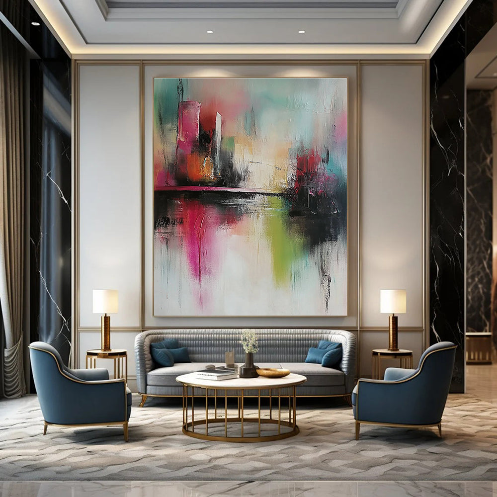 Large abstract painting with soft tones expressive brush strokes and a modern style featuring a city and river background in delicate details.STSC432