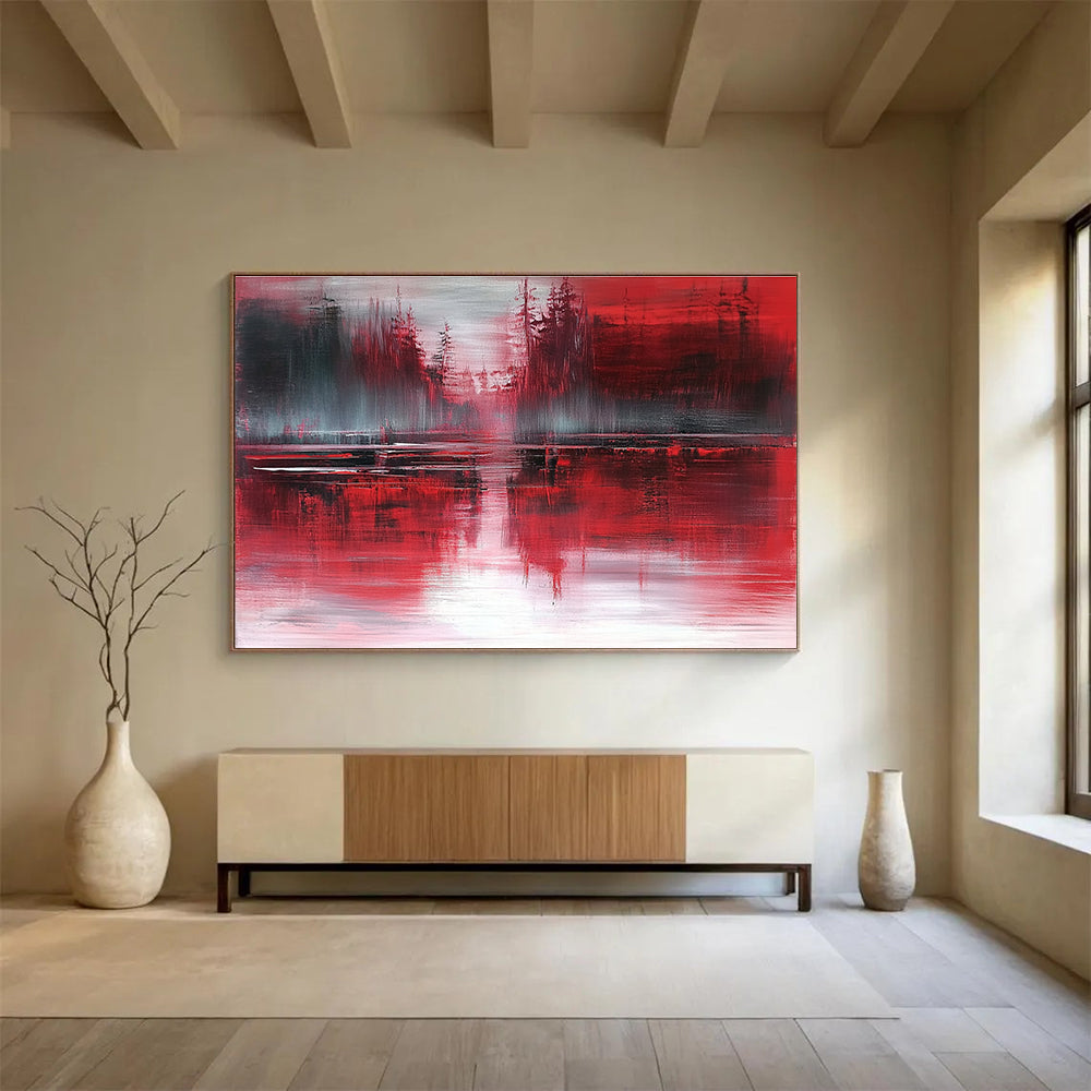Large abstract painting featuring atmospheric landscape in red and gray tones with reflective water inspired by expressionist style of Richard L. Short.SC155