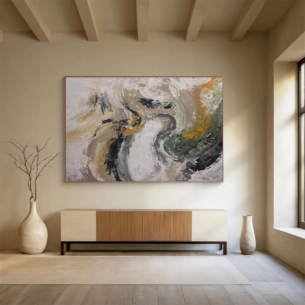 Gray Gold Green Abstract Painting with Subtle, Natural Inspirations THY387