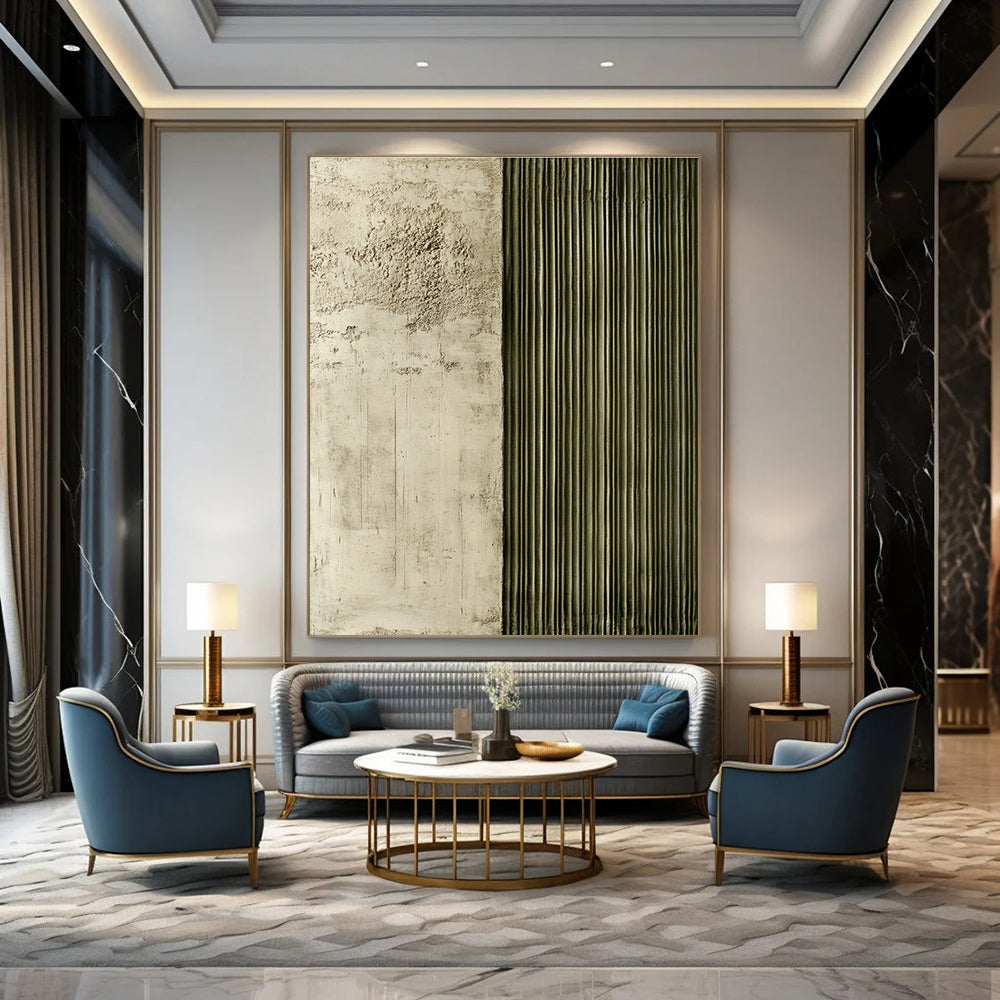 Large abstract painting featuring textured panels with soft concrete and greenish-grey rebar lines creating a striking contrast and depth.STSC542