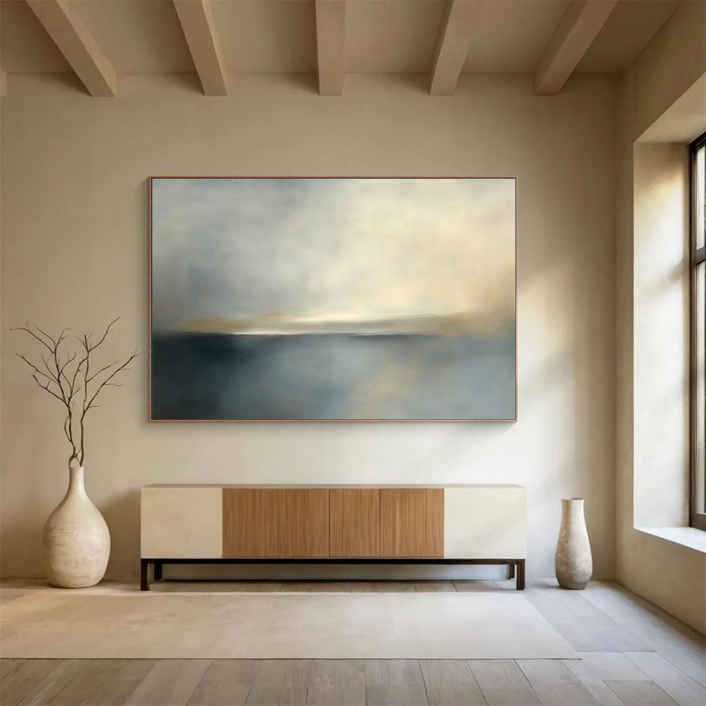 Subtle Horizon Abstract Painting with Soft Grays and Blues DYP239