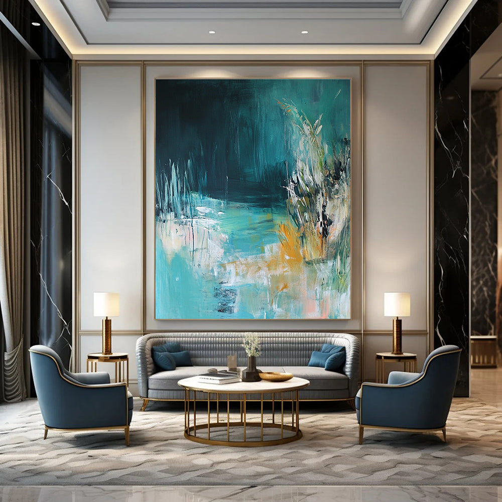 Large abstract painting of an underwater scene featuring light blue and green tones inspired by the style of Kathryn Statsny.STSC275