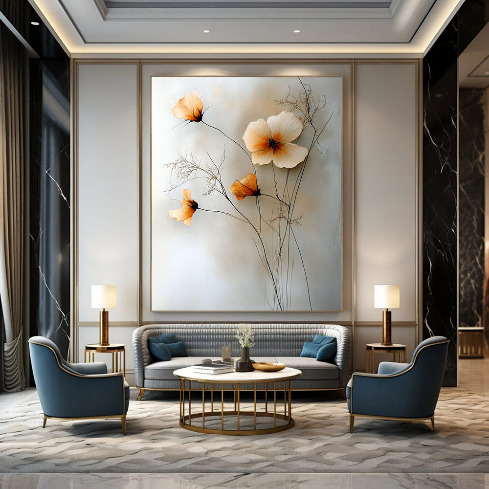 Large abstract painting featuring flowers, thin vines, and wildflowers in muted colors on a light background.STSC058