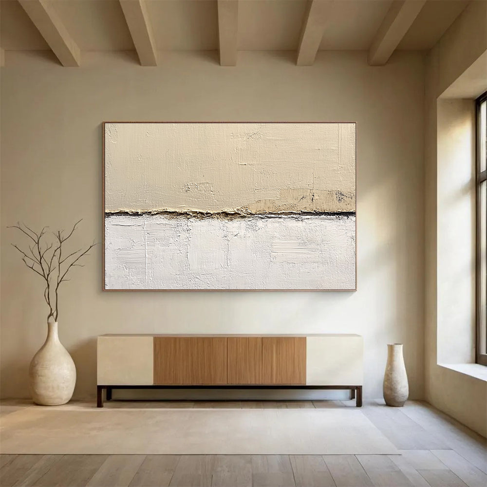 Abstract painting on textured beige wall features neutral tones in a minimalist style executed in oil on canvas with a harmonious color palette.SC181