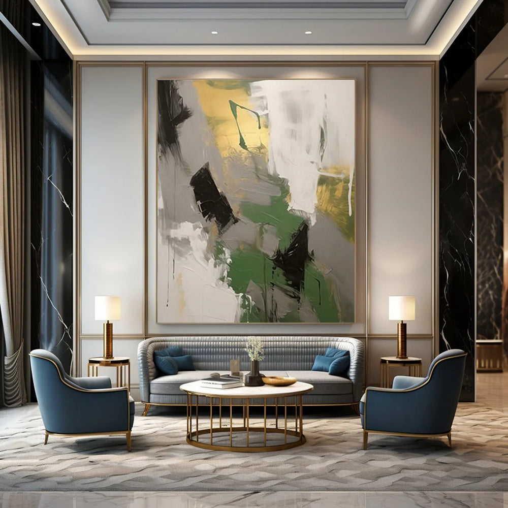 Green, Gray, and Gold Abstract Painting with Dynamic Brushstrokes ADGE115