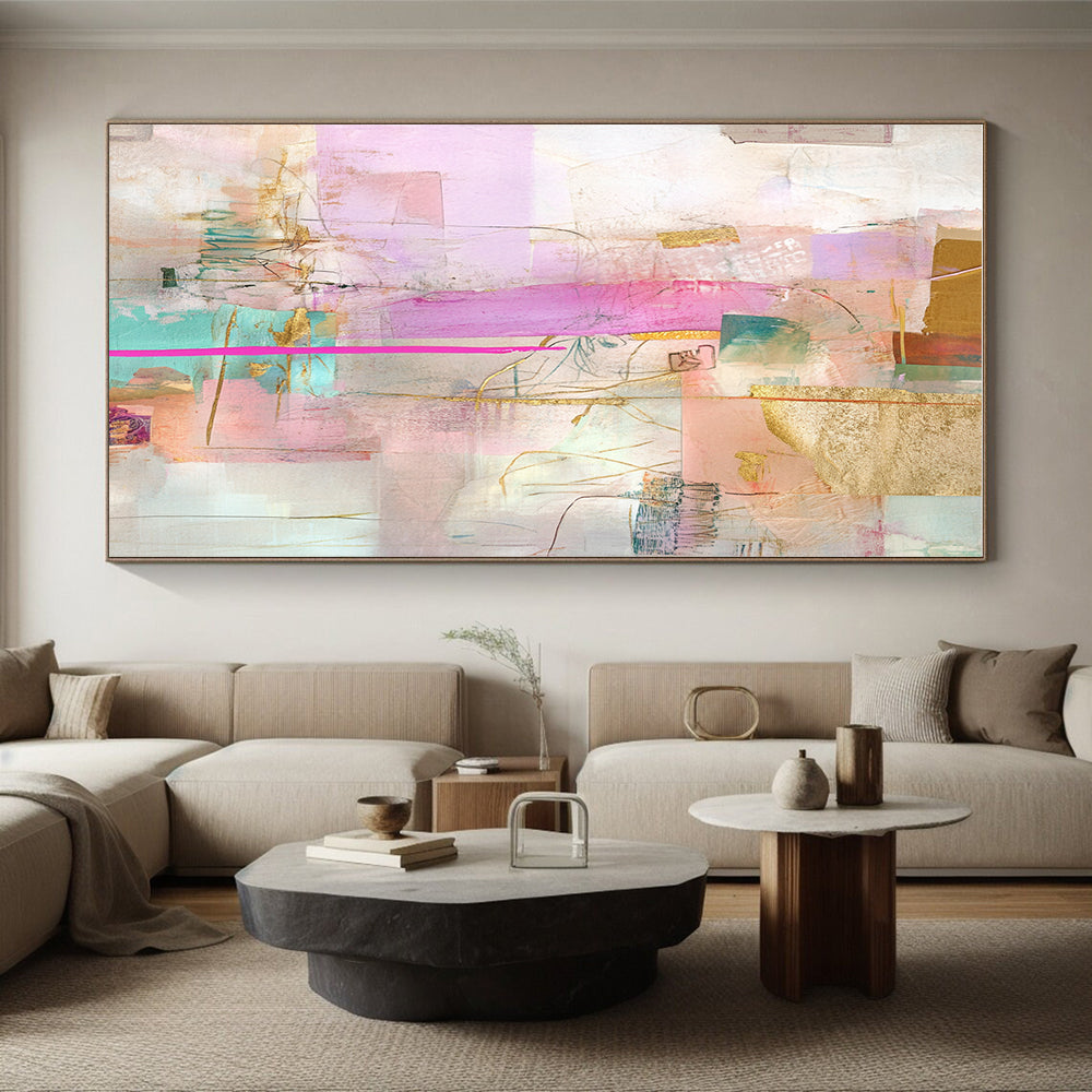 Vibrant Mixed Media Abstract Collage with Pink and Gold GER207