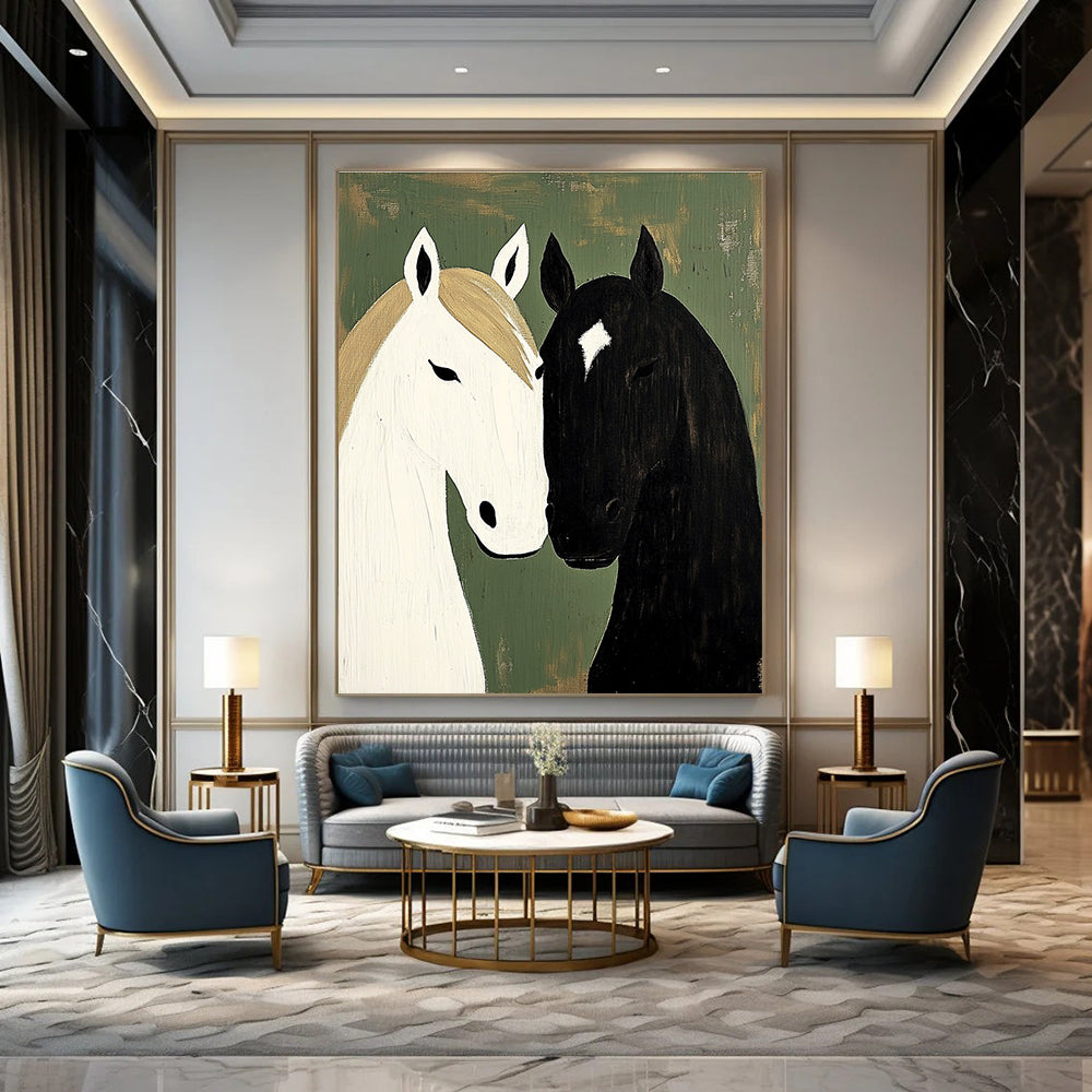 A large abstract painting featuring two horses in neutral tones against a green vintage farmhouse backdrop with a textured finish.STSC1453
