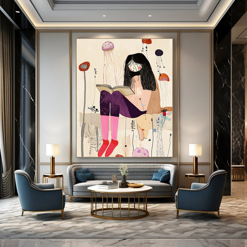 A large abstract collage featuring an eccentric woman with long legs in pastel pink socks and dark purple pants amid whimsical jellyfish and wildflowers.STSC1237