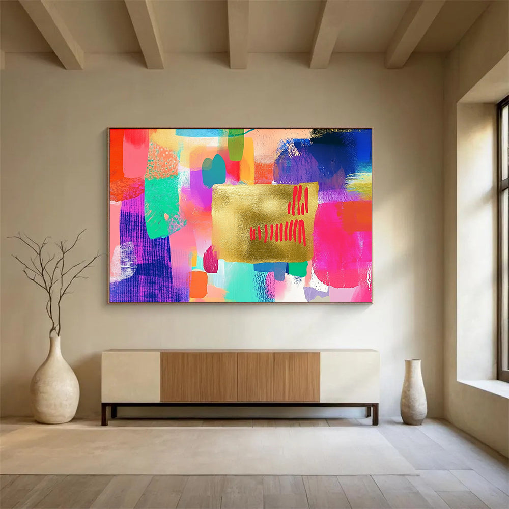 A large abstract painting featuring a golden paper centerpiece with red writing, embellished with colorful pastel brush strokes in pink, blue, green, and more.SC297