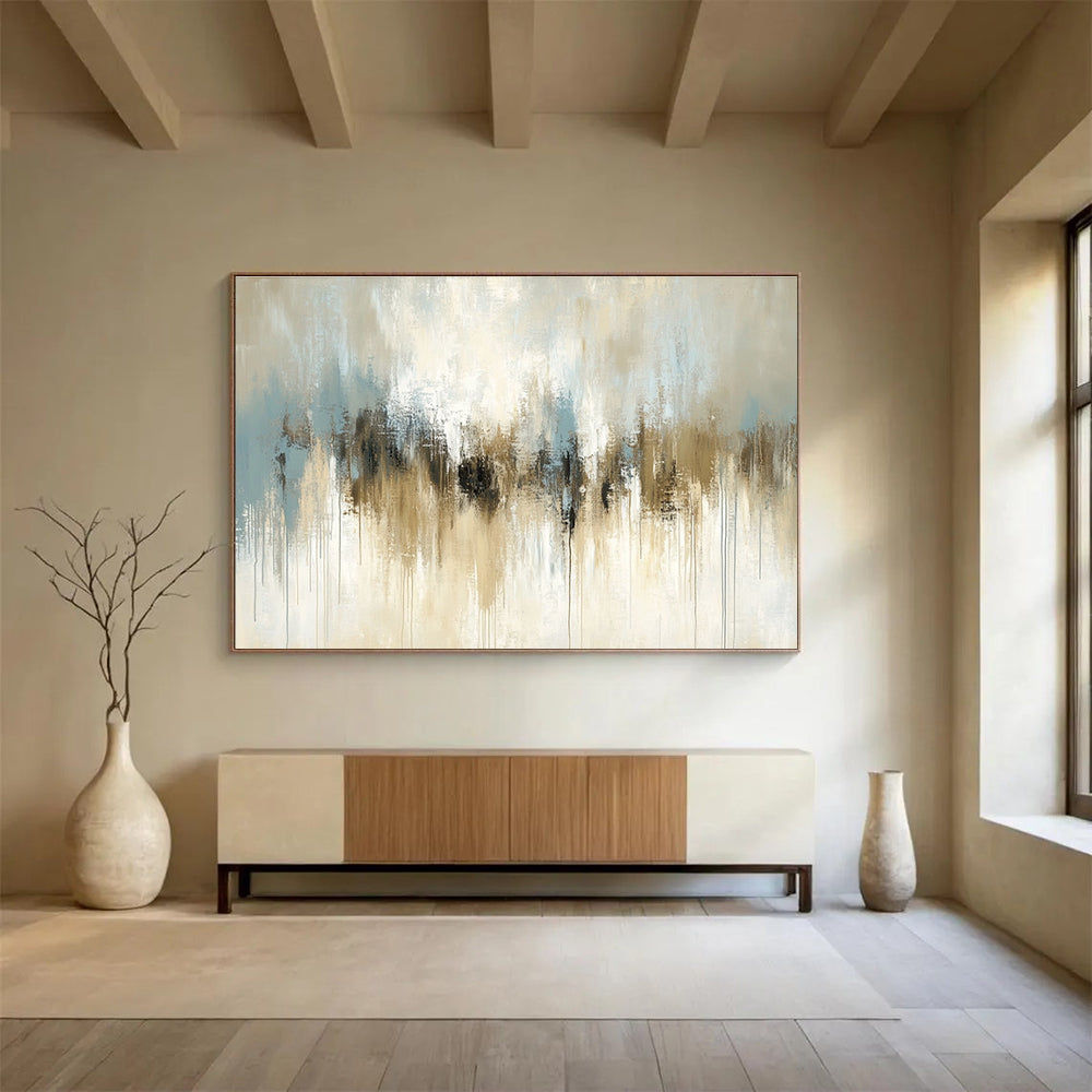 Beige and Blue Abstract Painting with Dripping Effects DYP171
