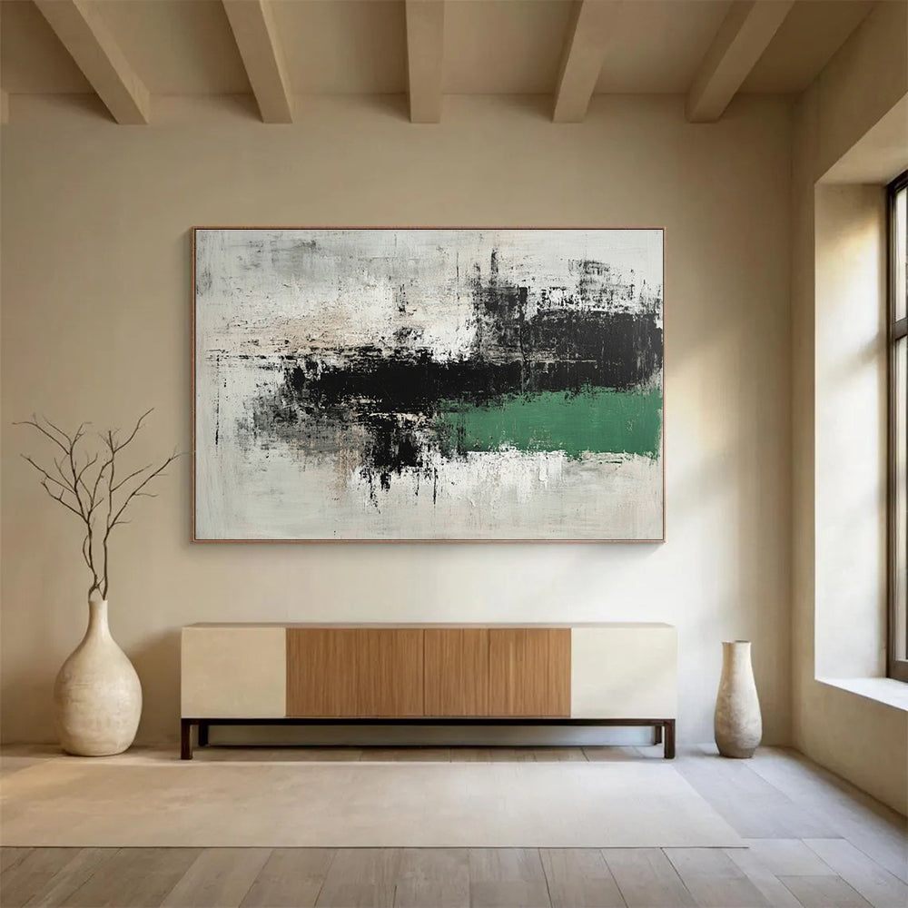 Large abstract painting in gray and green with thick brushstrokes minimalist landscape style and textured calm Zen atmosphere on dark background.SC220