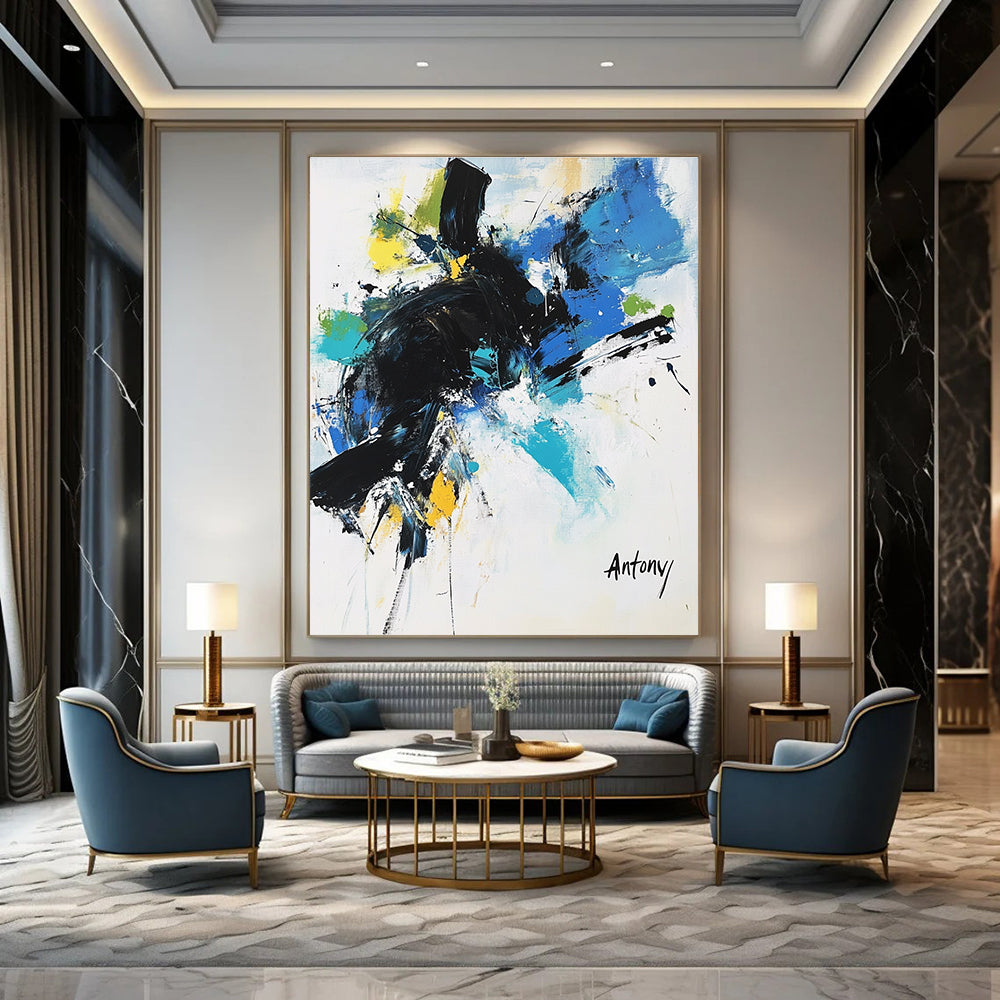 Abstract painting with black brush strokes and blue green yellow accents featuring the name Antony in large letters against a white background.STSC038