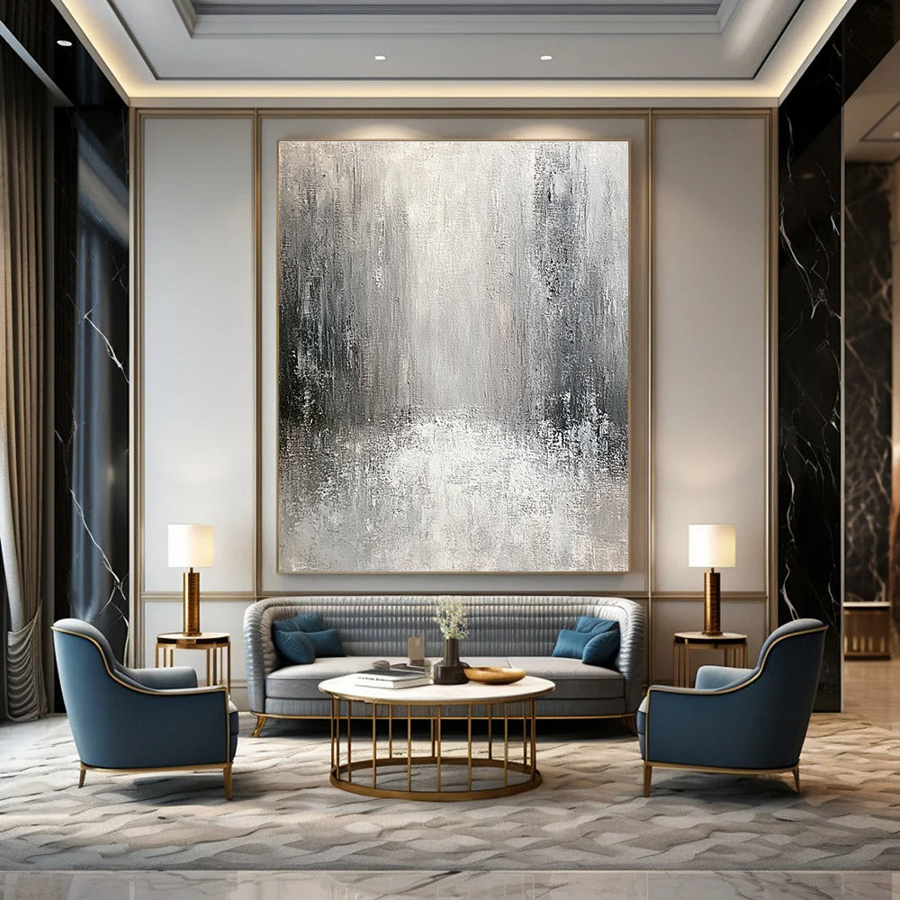 Large abstract painting of an old city featuring textured canvas in neutral tones with gray and white and silver accents creating an atmospheric perspective.STSC267