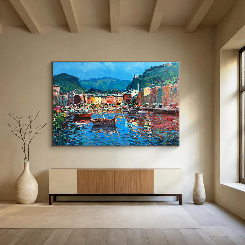 Harbor with Colorful Boats Impasto Painting THY459