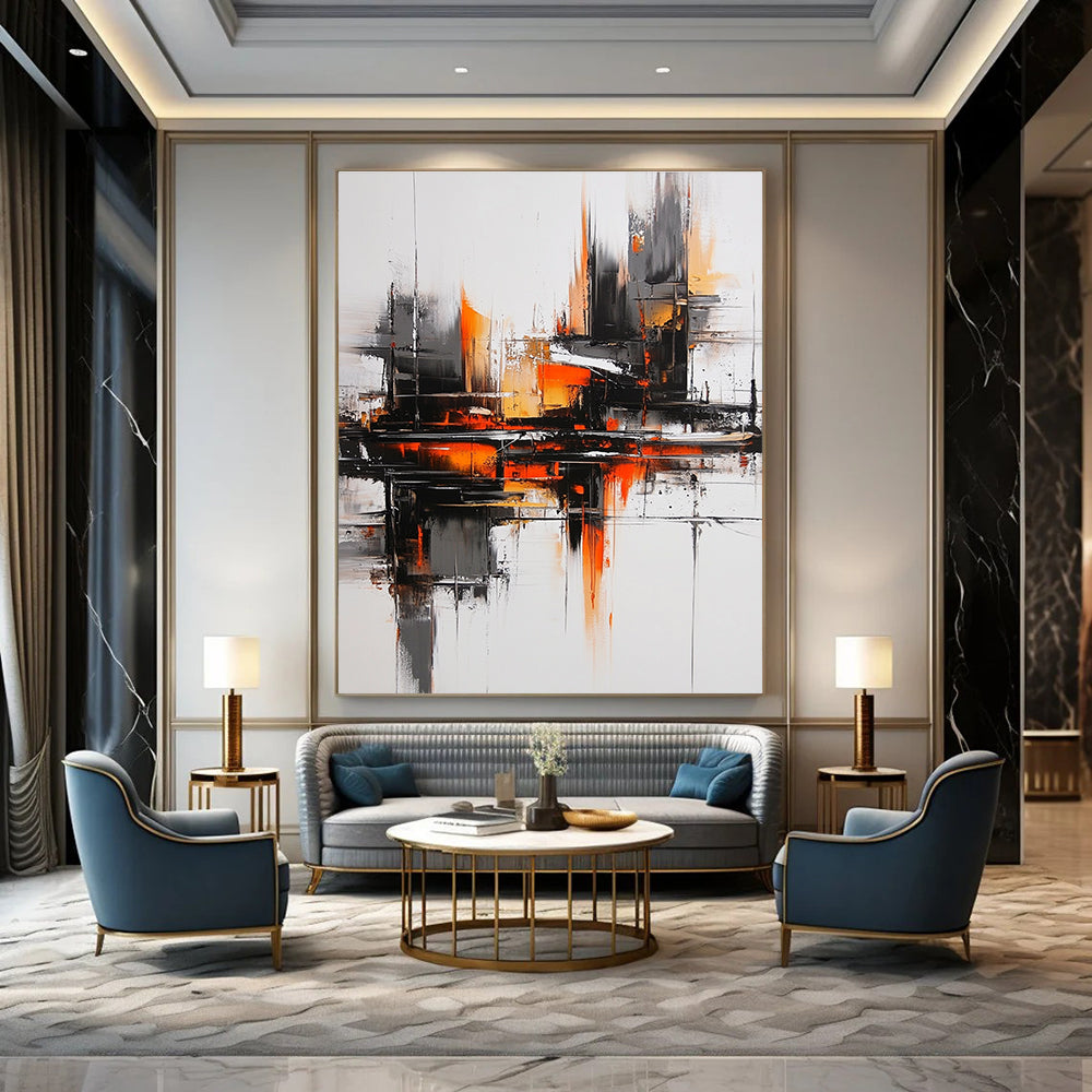 Large abstract oil painting featuring a gray and orange color scheme with a black cityscape bold brush strokes and heavy shadows for a mysterious atmosphere.STSC1353