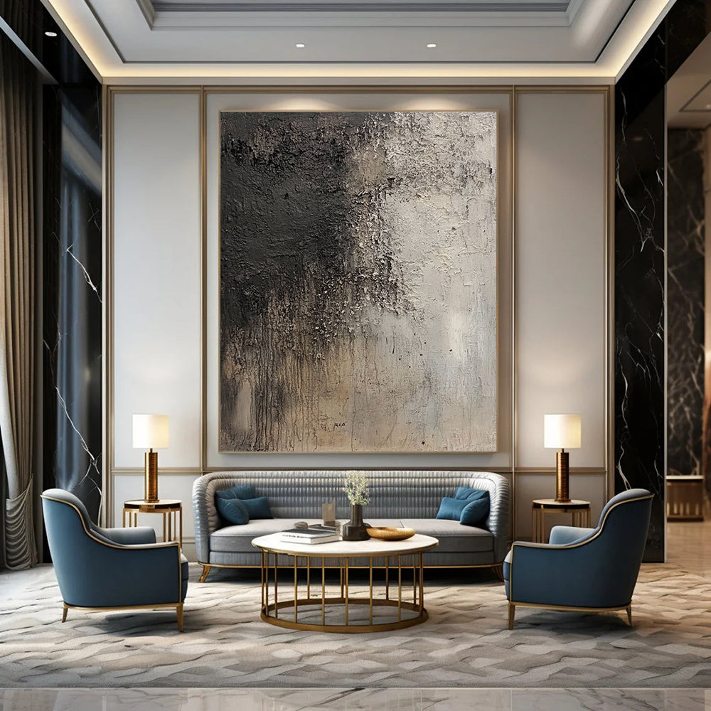 Large abstract painting resembling an ancient cave wall in grey and dark brown with intricate texture and floating dust particles.STSC632