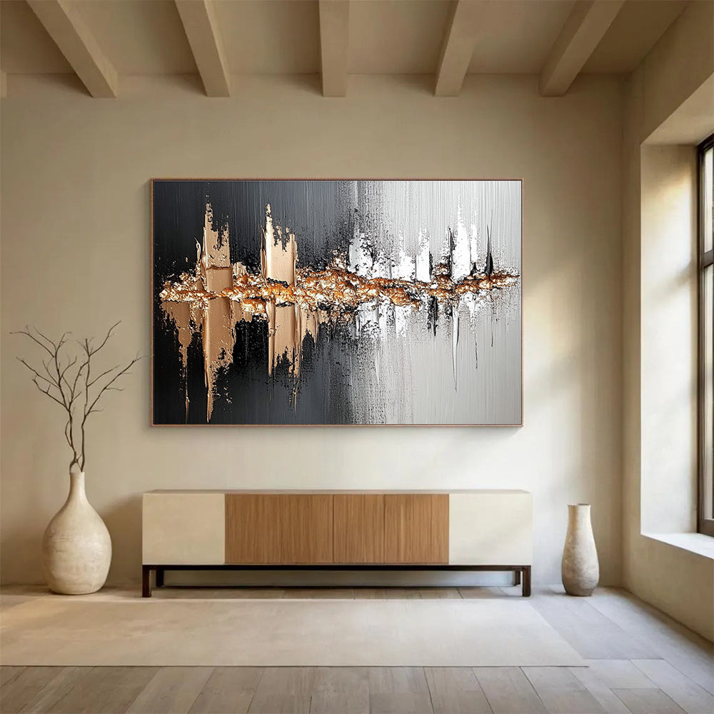 Black Gray Gold Abstract Painting with Textured Gold Accents DYP303