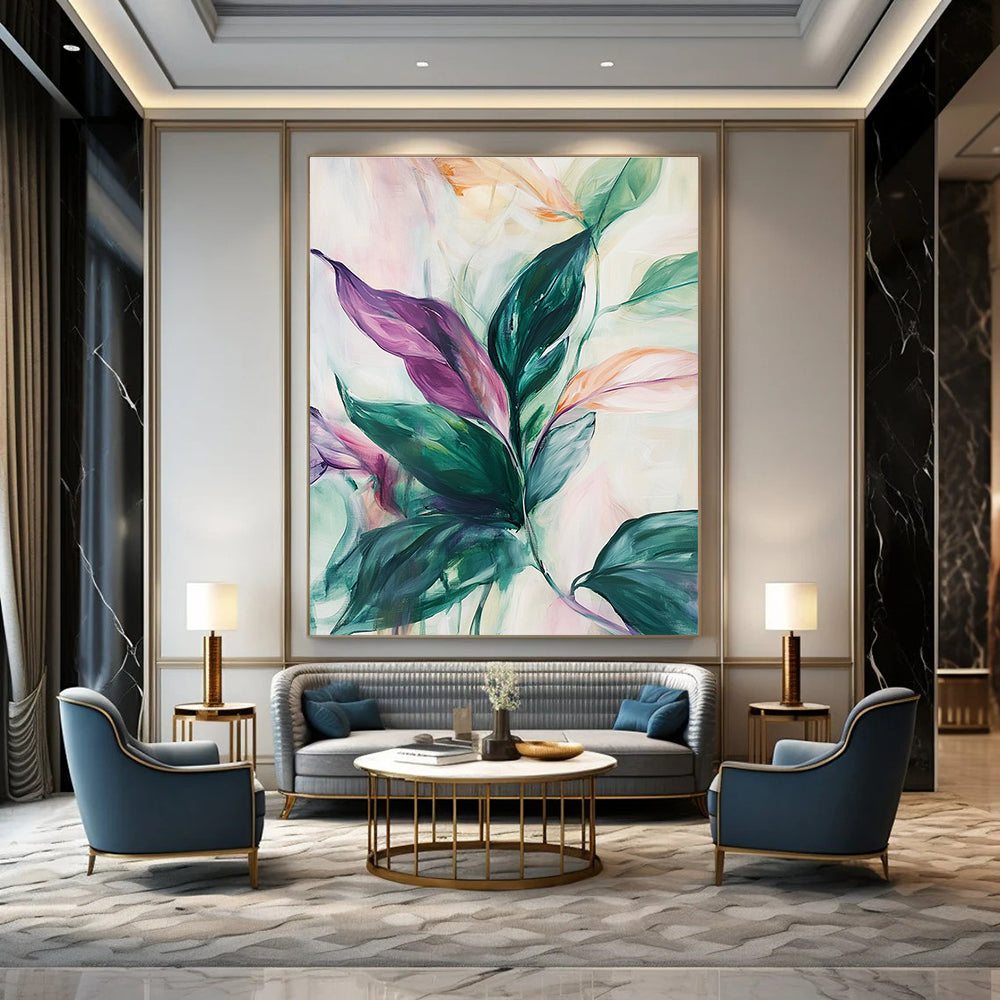 Large abstract painting of lush leaves in green pink purple and white with soft lines suggesting movement against a pale background evoking tranquility.STSC1048