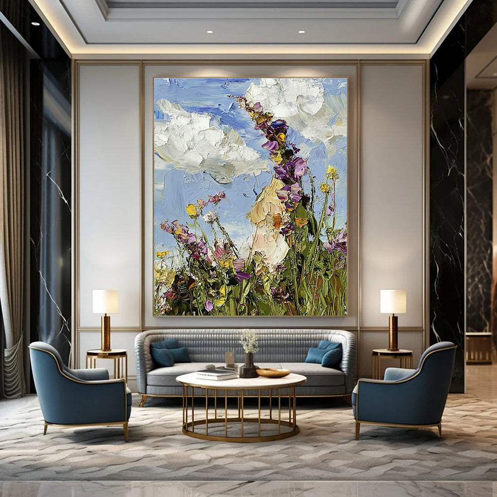 Large abstract oil painting featuring a colorful wildflower meadow under a blue sky with visible brushstrokes in an impressionist style.STSC1367