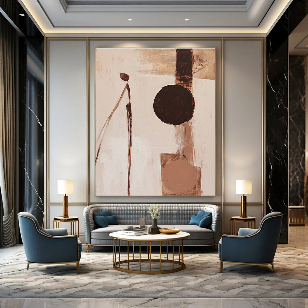 Abstract painting featuring fluid organic forms in brown and white with a minimalistic human figure and beige palette on a neutral background.STSC695