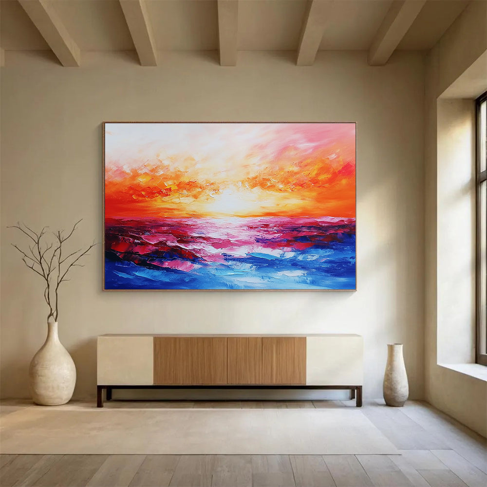 Abstract landscape painting capturing a vibrant sea at sunset with rich reds, oranges, pinks, and blues, expertly created using a palette knife technique.SC074