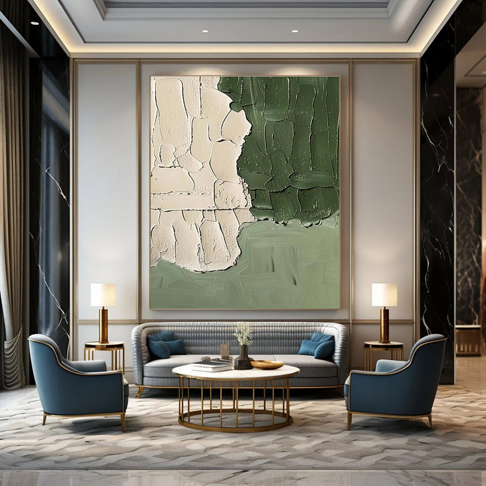 Beige and Green Textured Abstract Painting with Thick Brushstrokes ADGE501