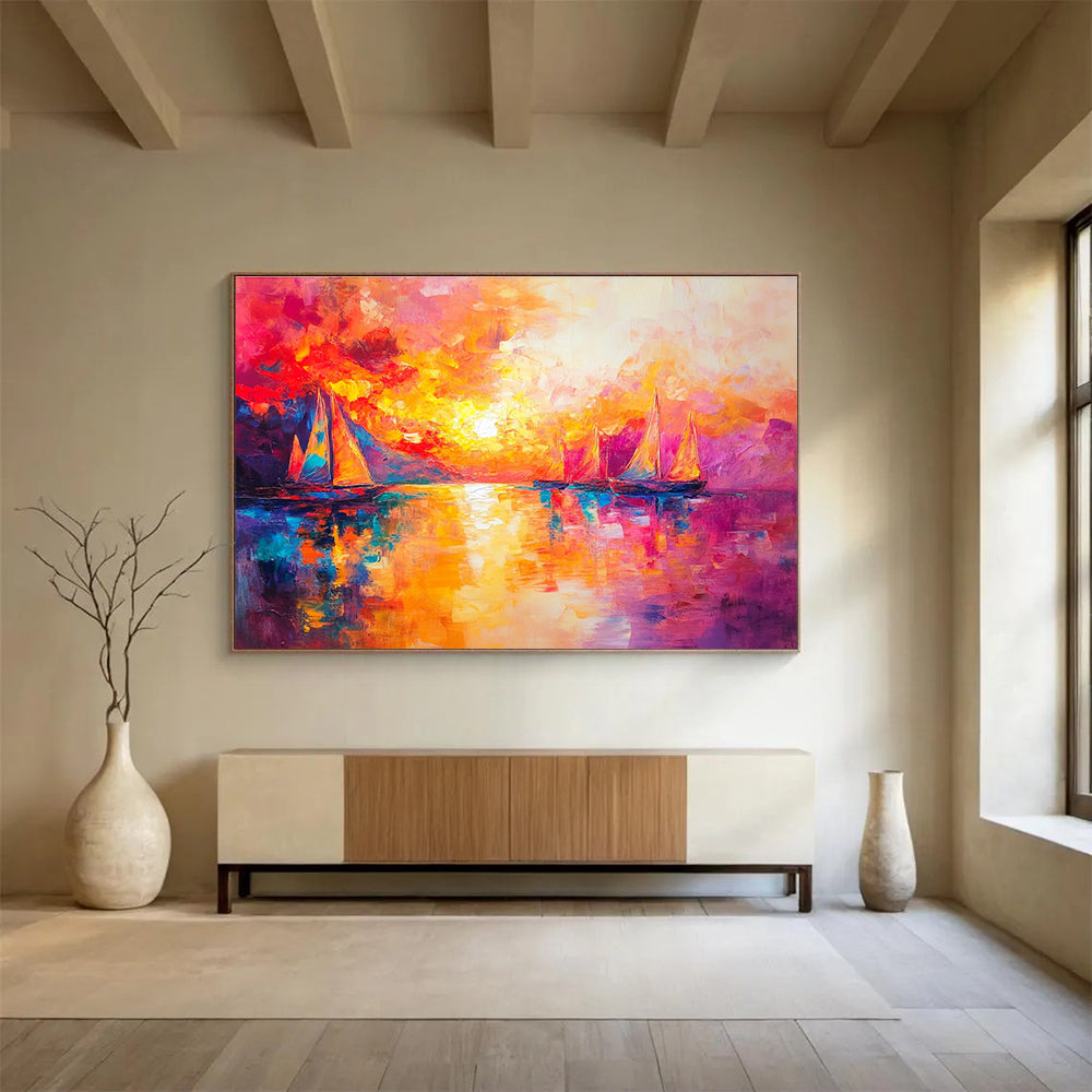 Vibrant Sunset Sailboats Abstract Painting with Bold Color Palette DYP321