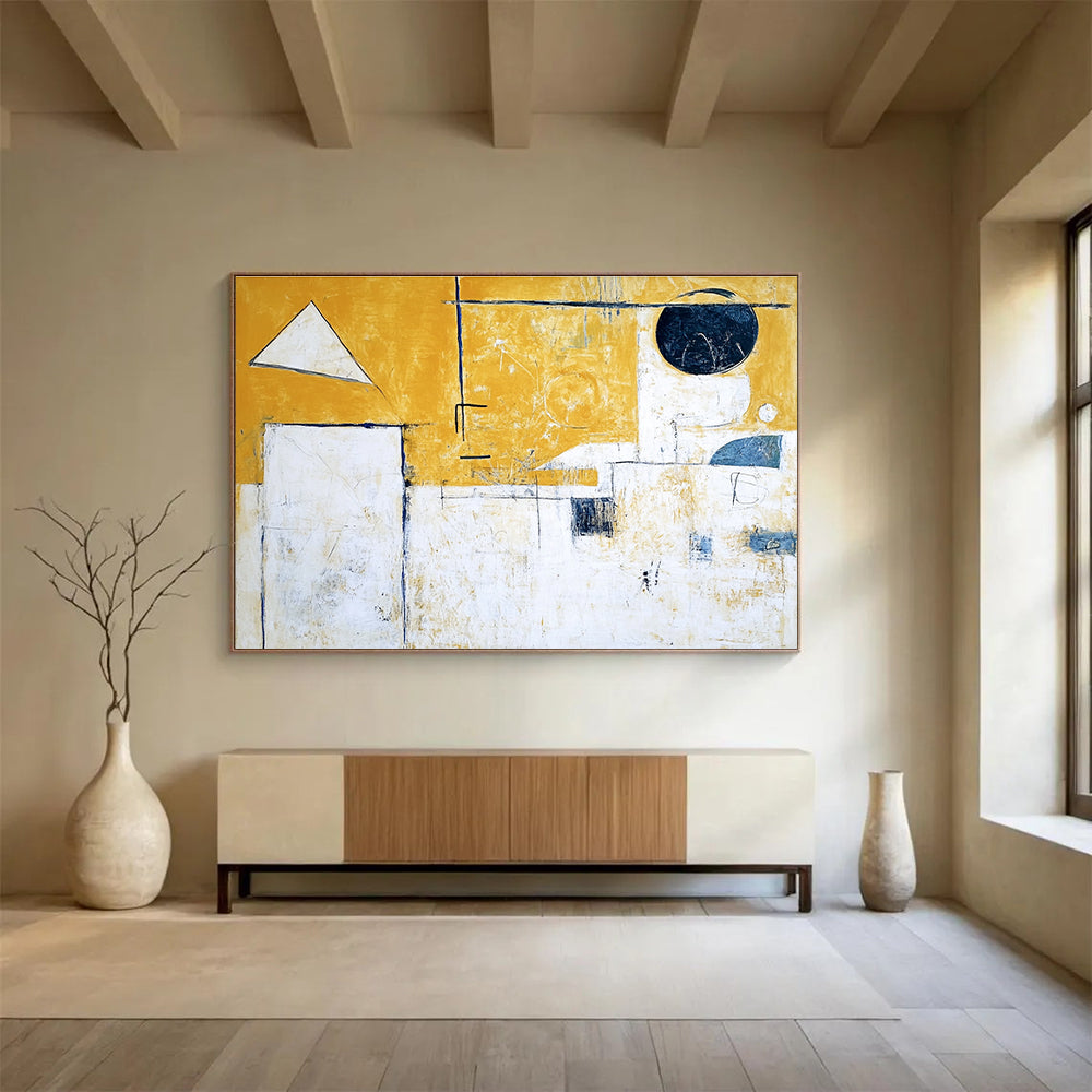 Geometric Abstract Painting with Yellow White and Blue Tones DYP550