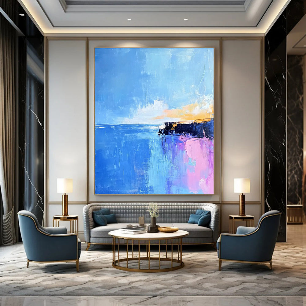 Large abstract painting of Pointe du Hoc's rocky coast in light pink and baby-blue hues with long brush strokes against a vibrant blue sky.STSC598
