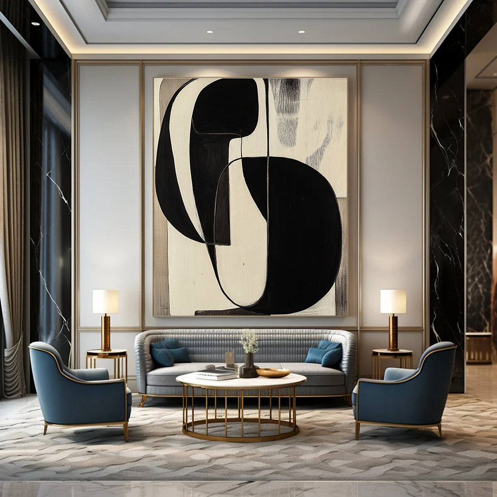 Large abstract painting reminiscent of Jean Arp featuring black and white shapes on a wood panel for a striking visual impact.STSC472