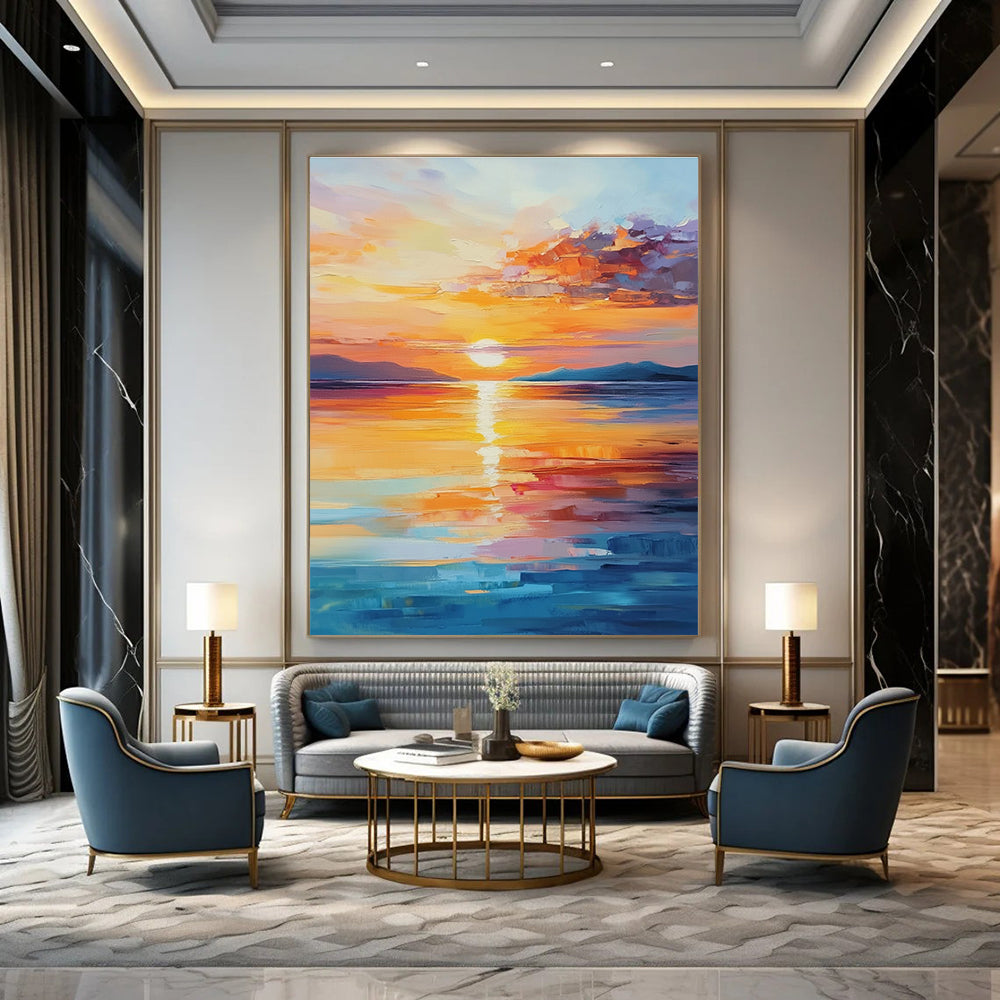 A large abstract painting of a beautiful sunrise over the sea with warm colors and calming reflections, capturing tranquility and hope.STSC900