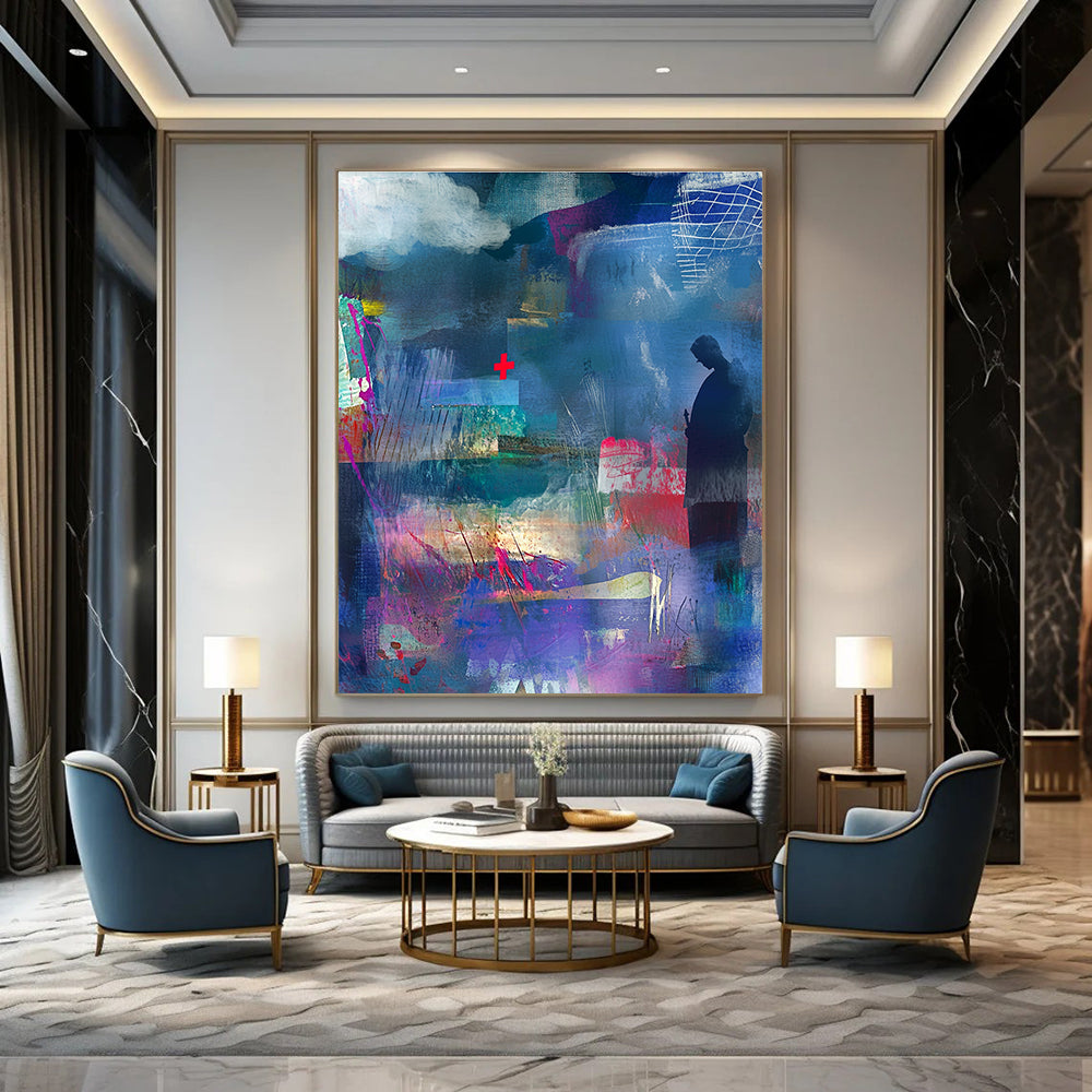 Large abstract collage with watercolor splashes and textured paper featuring a shadowy figure a red cross and vibrant ribbons in rich colors.STSC574