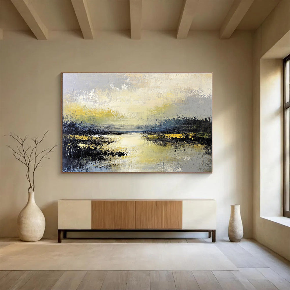 Textured Marshland Abstract Painting with Yellows Greens and Grays DYP238