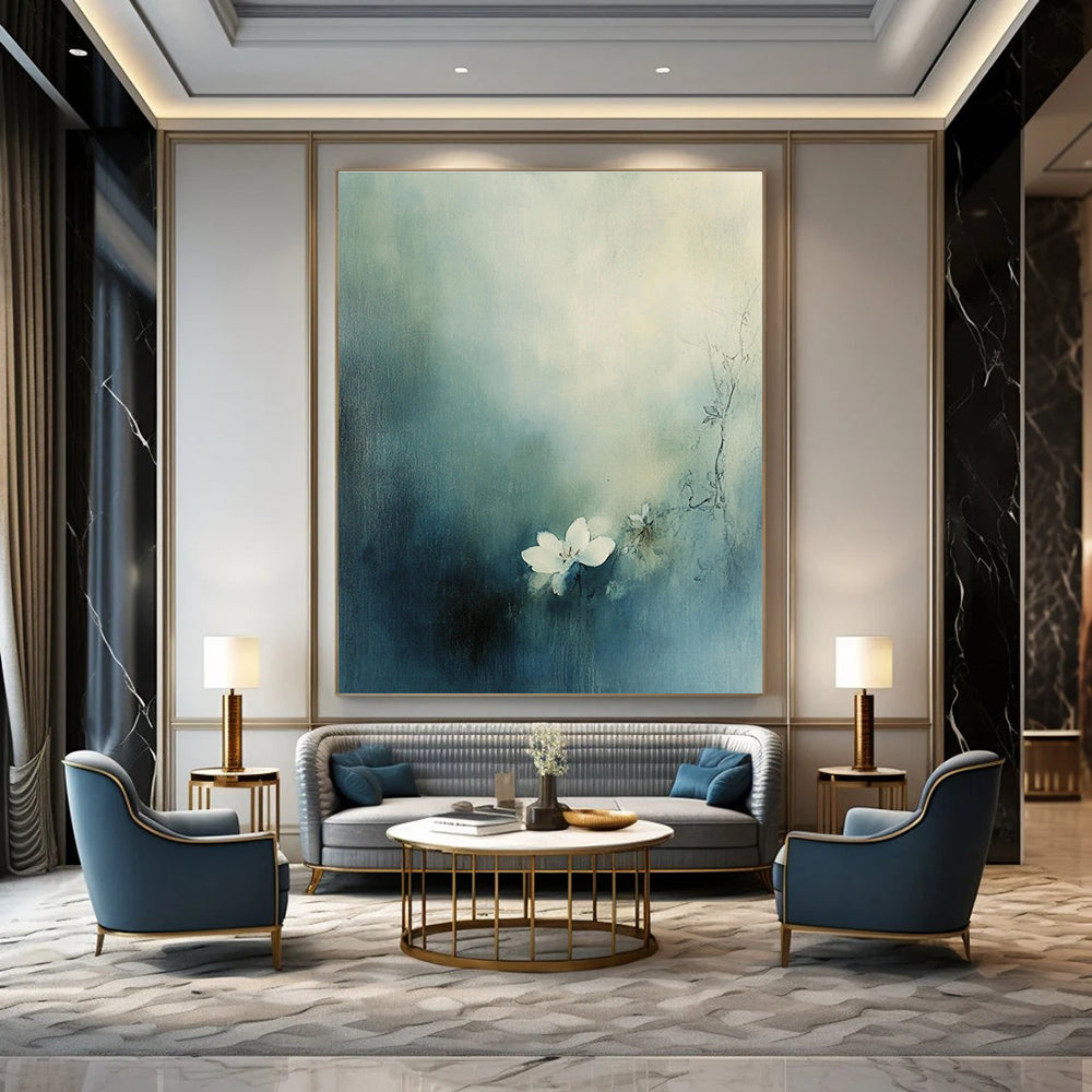 Large abstract painting featuring a small white flower blooming amid muted blue-green tones and hazy fog.STSC631