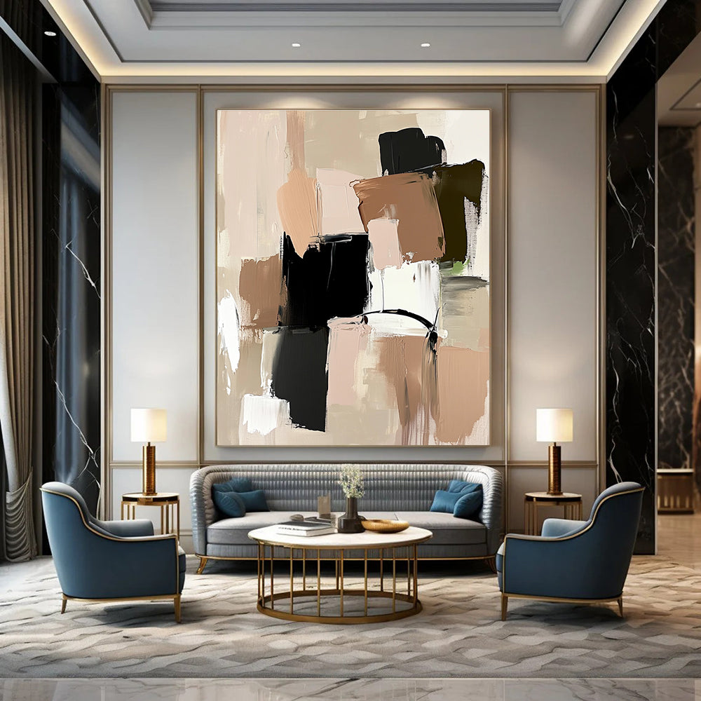 Large abstract painting featuring neutral tones beige and black shapes soft pink and green accents on a beige background with loose brush strokes.STSC779