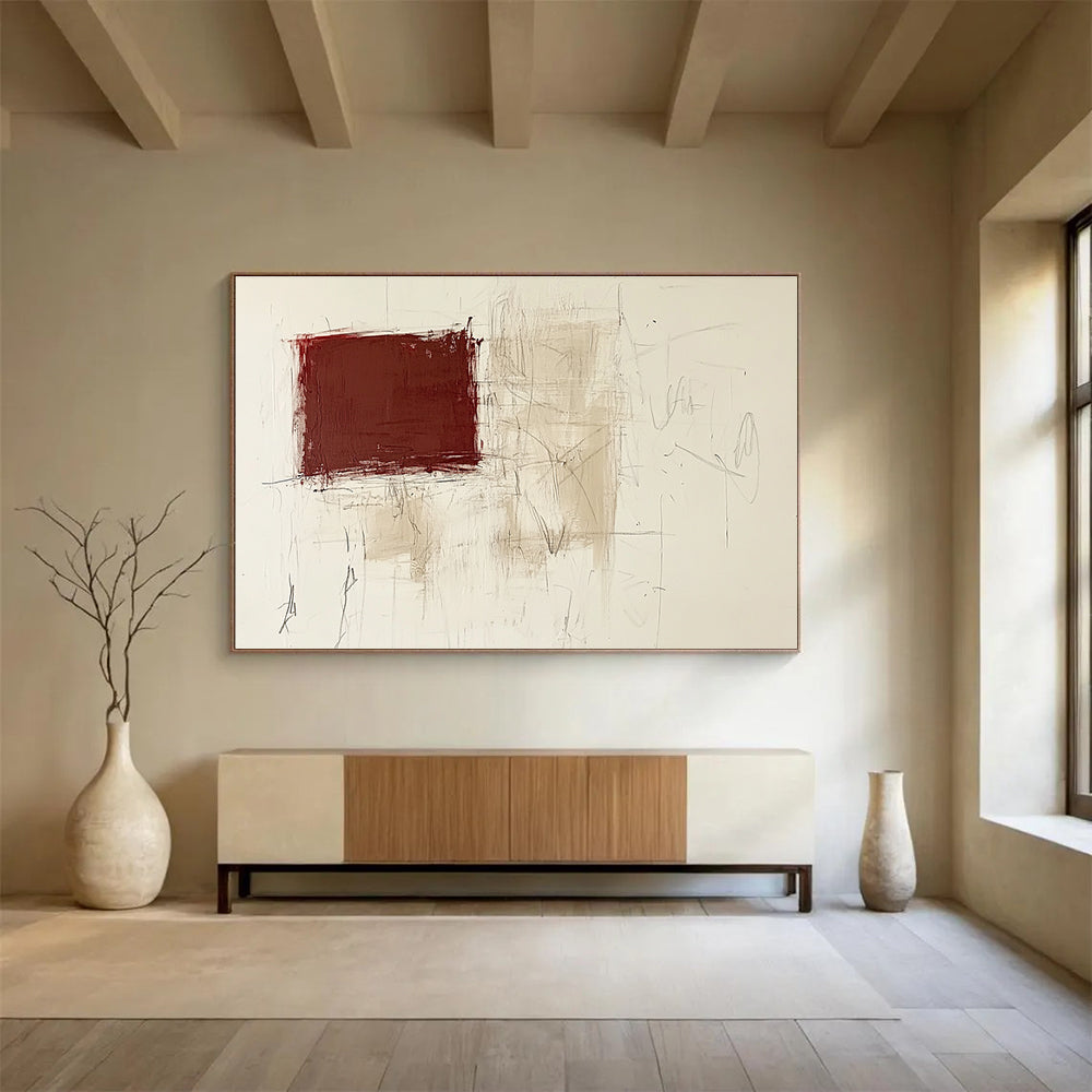 Red and Beige Textured Abstract Painting with Sketchy Lines DYP143