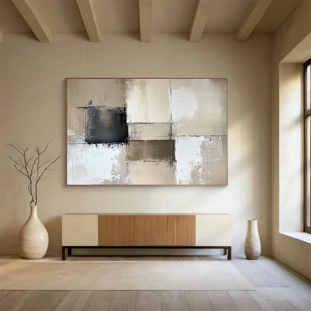 Large abstract painting in beige and white with textured brush strokes and gray accents, perfect for enhancing neutral wall decor.SC369