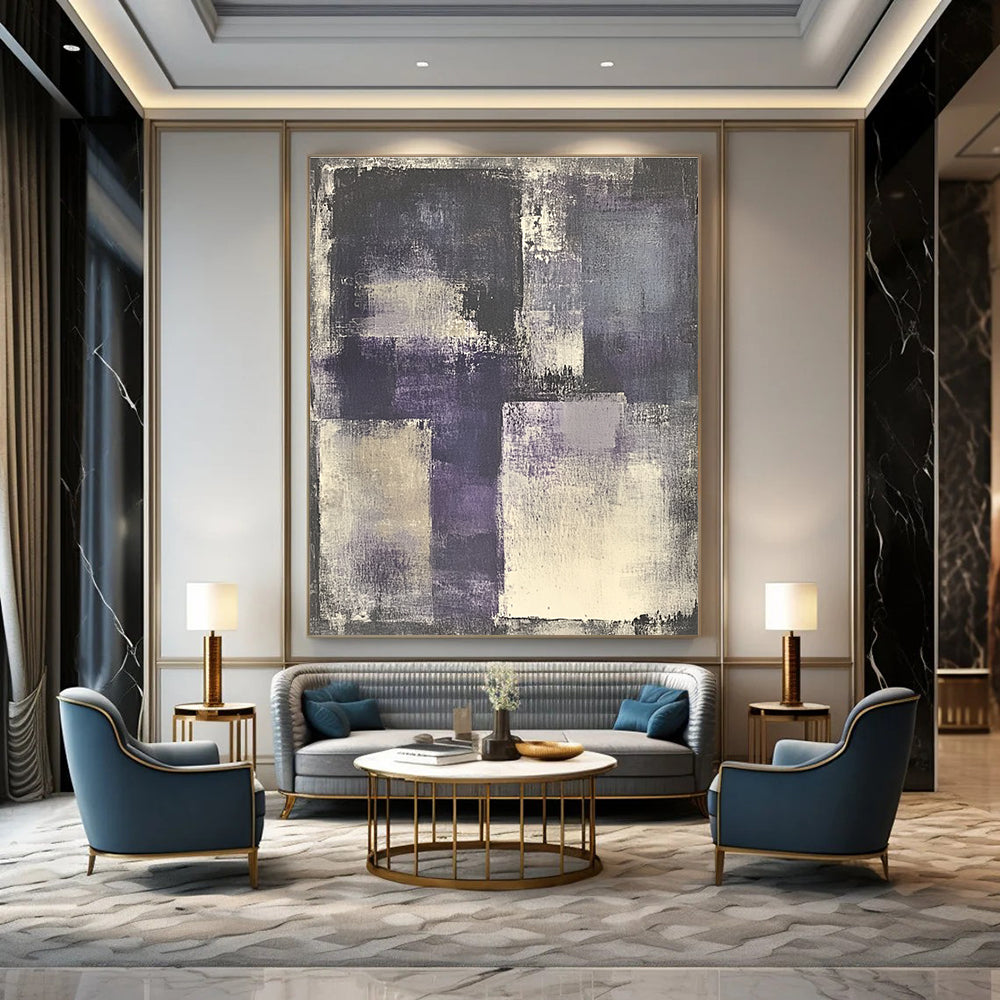 Large abstract painting of gray and purple with white accents featuring a vintage urban landscape and a central figure wearing headphones.STSC682