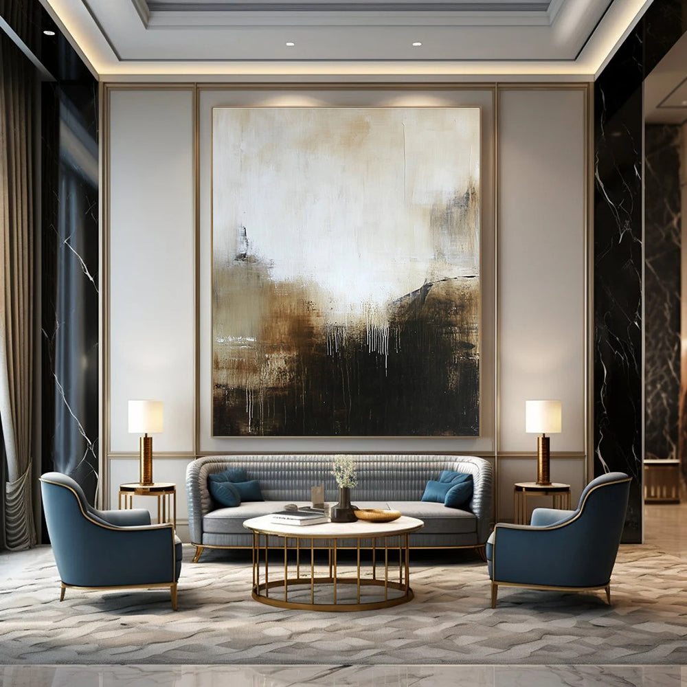 Large abstract painting in muted white and brown tones with black hints offering a mysterious and inviting atmosphere with textured layers.STSC618