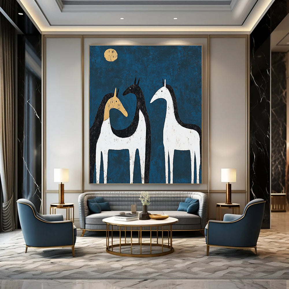 Abstract painting of three black and white horses in moonlight with a hint of yellow on one back, featuring minimalist shapes and textures.STSC072