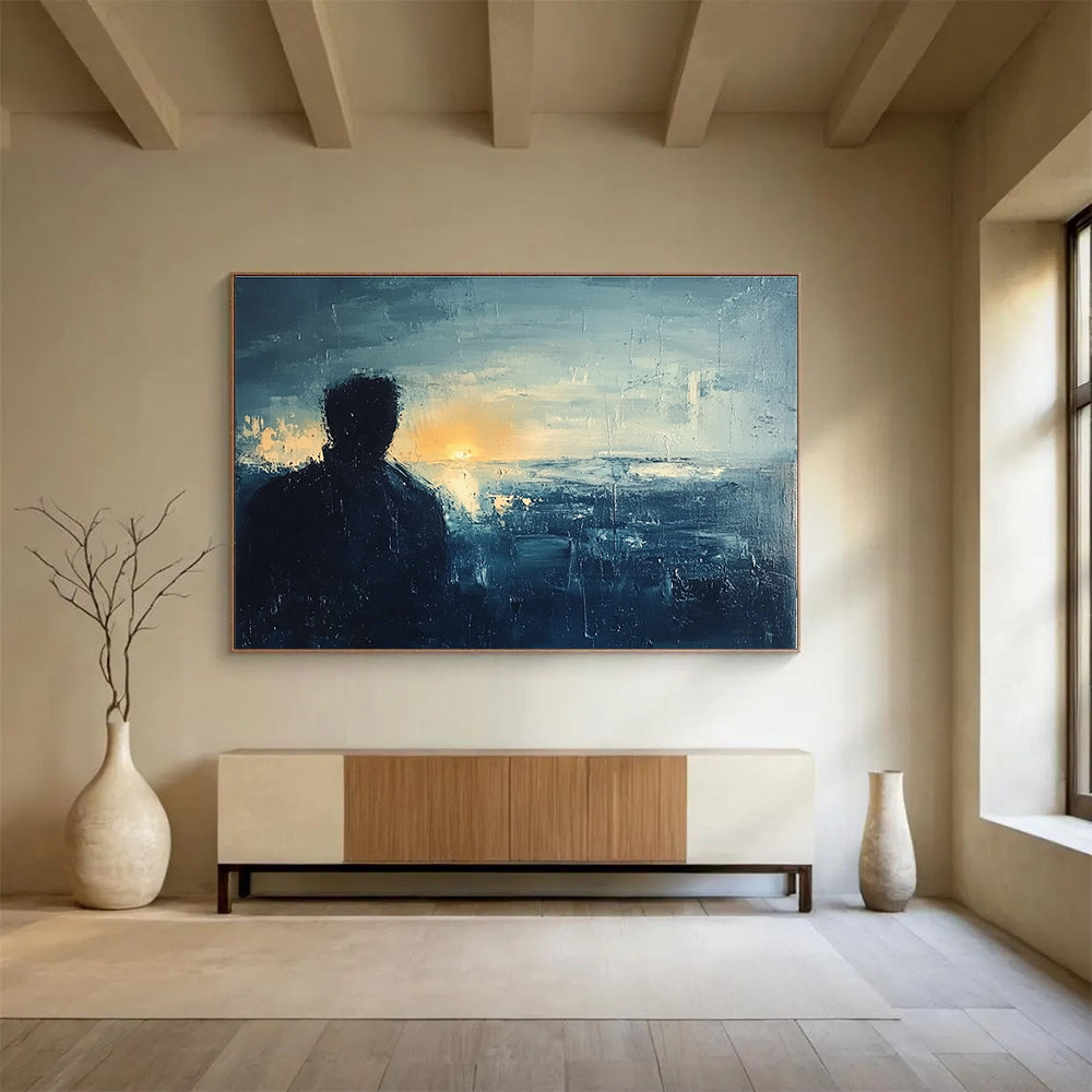 Silhouette by the Sea Abstract Painting with Dark and Light Blues DYP228