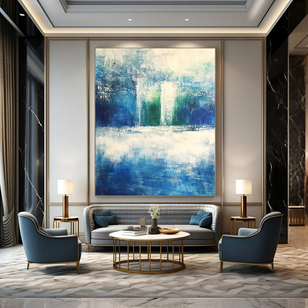 Large abstract painting evoking serene nature with shades of blue green gray and white featuring dynamic brushstrokes of rolling hills and waves.STSC368